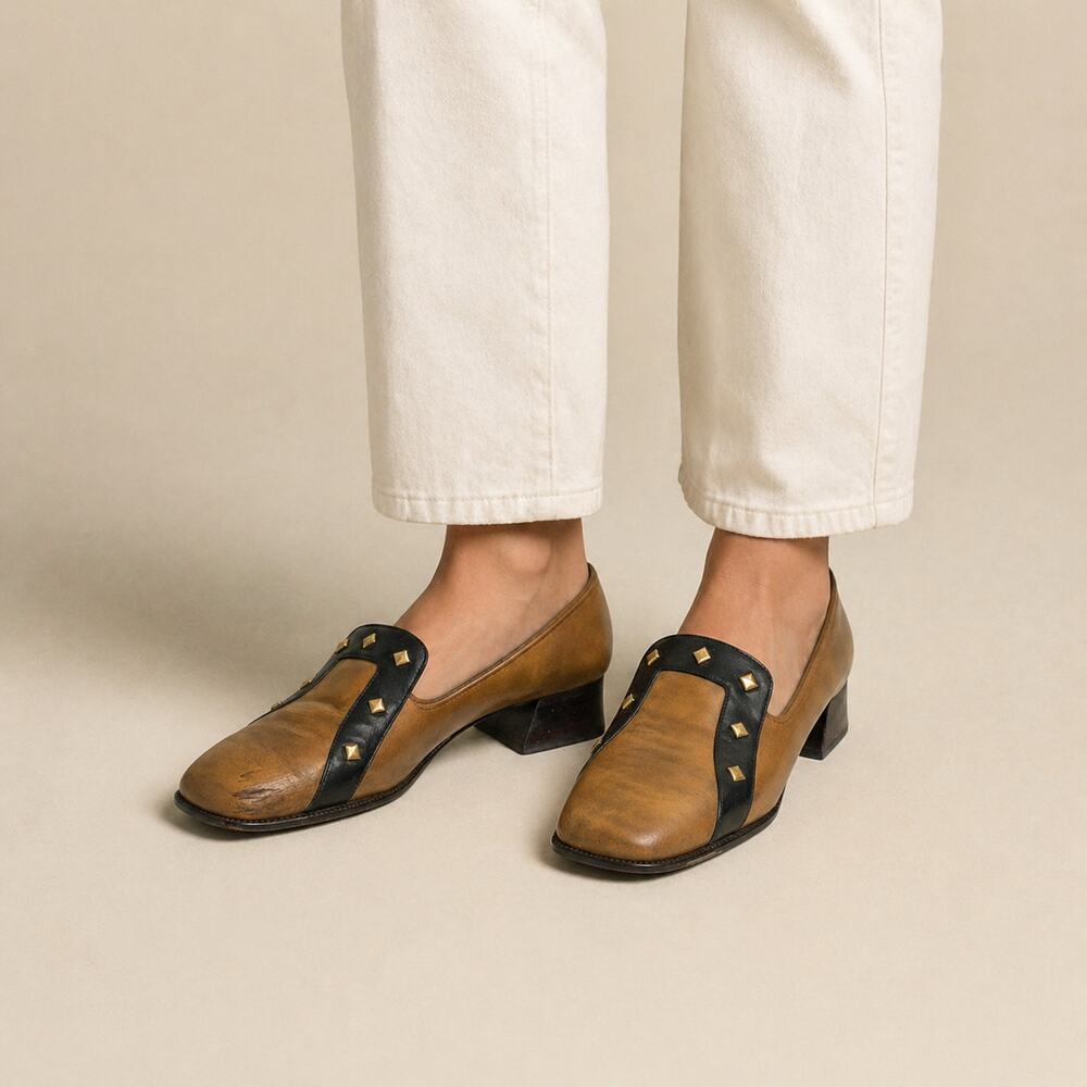 Vintage Cobbies Picador Brown Loafers 7.5 Leather Mod Studded Heels